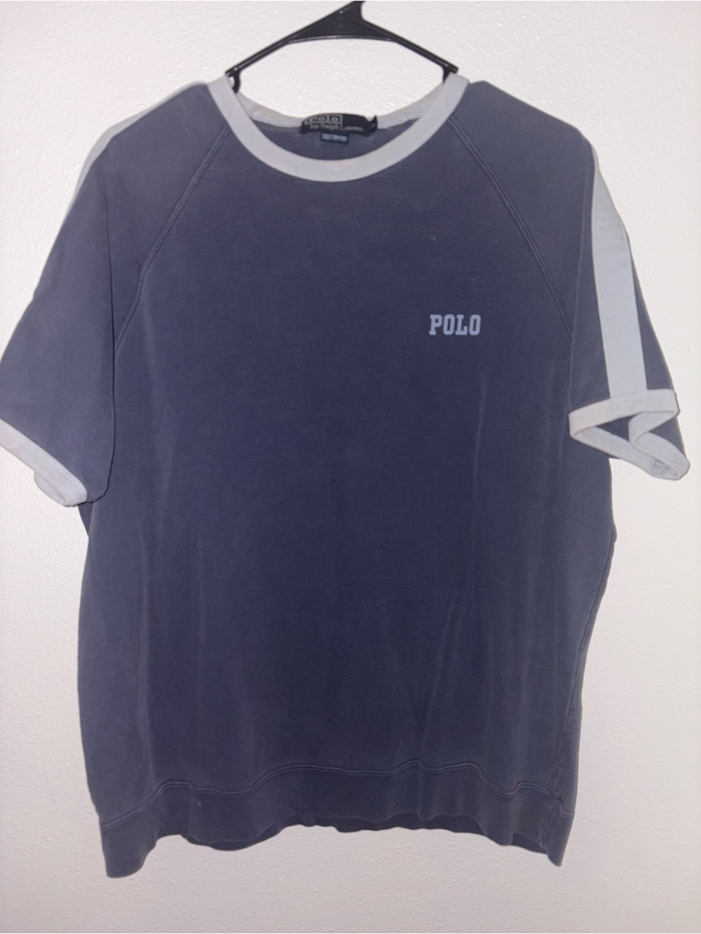 Vintage 90s Polo Ralph Lauren Men’s Faded Navy Ringer Short Sleeve Sweatshirt L